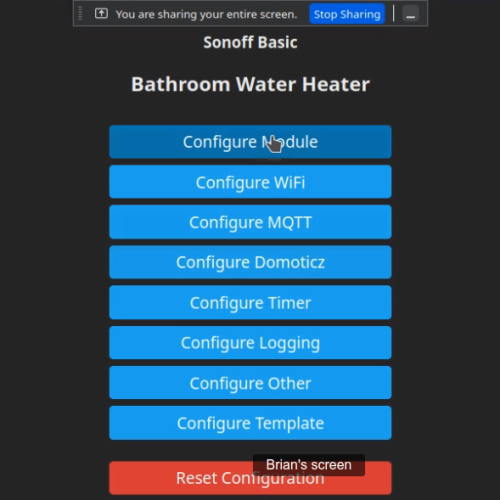 List of options for configuring a Sonoff from within Home Assistant